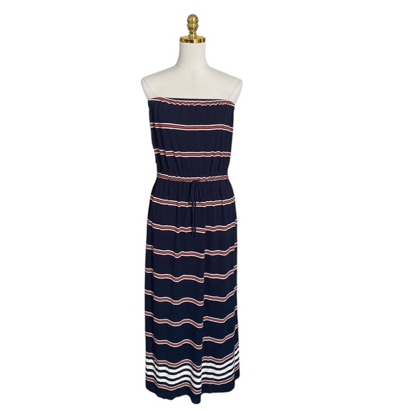 J CREW Navy Striped Strapless Stretch Jersey Summer Maxi Dress Women’s Sz Medium - Picture 3 of 9